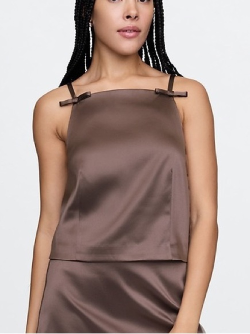 GAP Satin Square-Neck Bow Top In Terra Brown